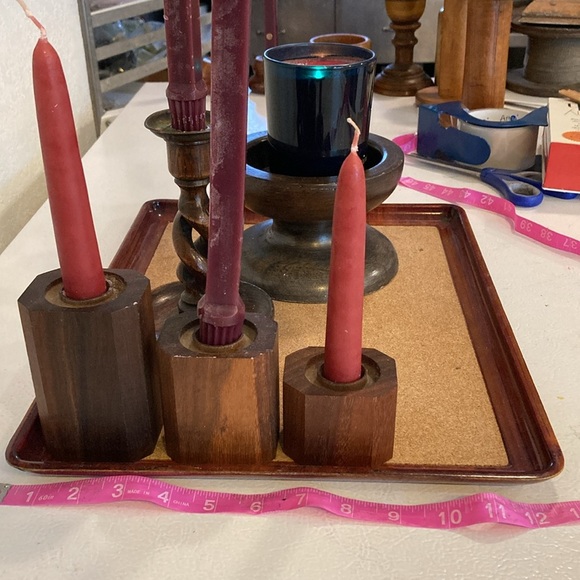 Set/5 Dark Candle Holders 3 Dark Walnut Stacking, 2 Hand Turned Candles decor - Picture 13 of 16